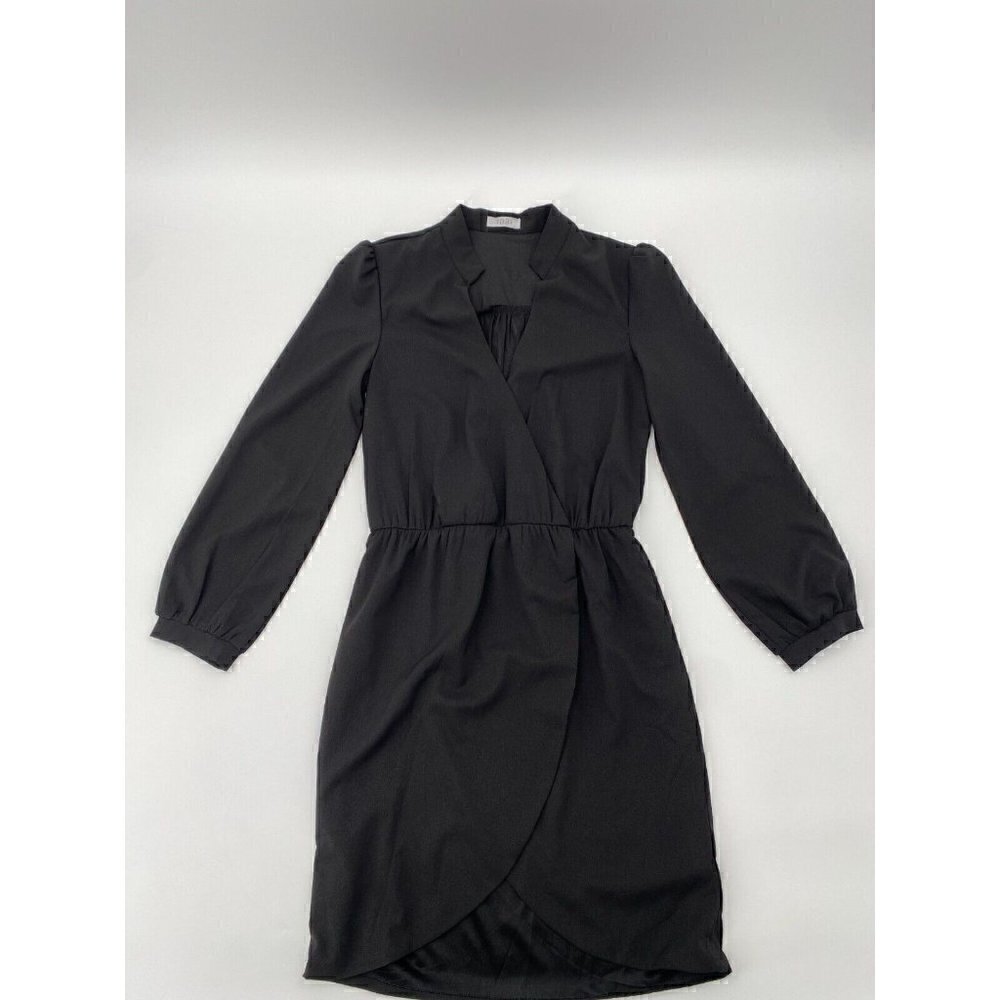 Tobi Long Sleeve Faux Wrap Poet Sleeve Tulip Hem V Neck Dress Black Women Size M